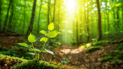 Das Sonnenlicht dringt durch die hohen Bäume des Waldes und beleuchtet grünes Moos und einen rustikalen Holzzaun - so wird die unaufdringliche Schönheit eines Fotospaziergangs durch den Wald in dieser ruhigen Waldszene eingefangen.