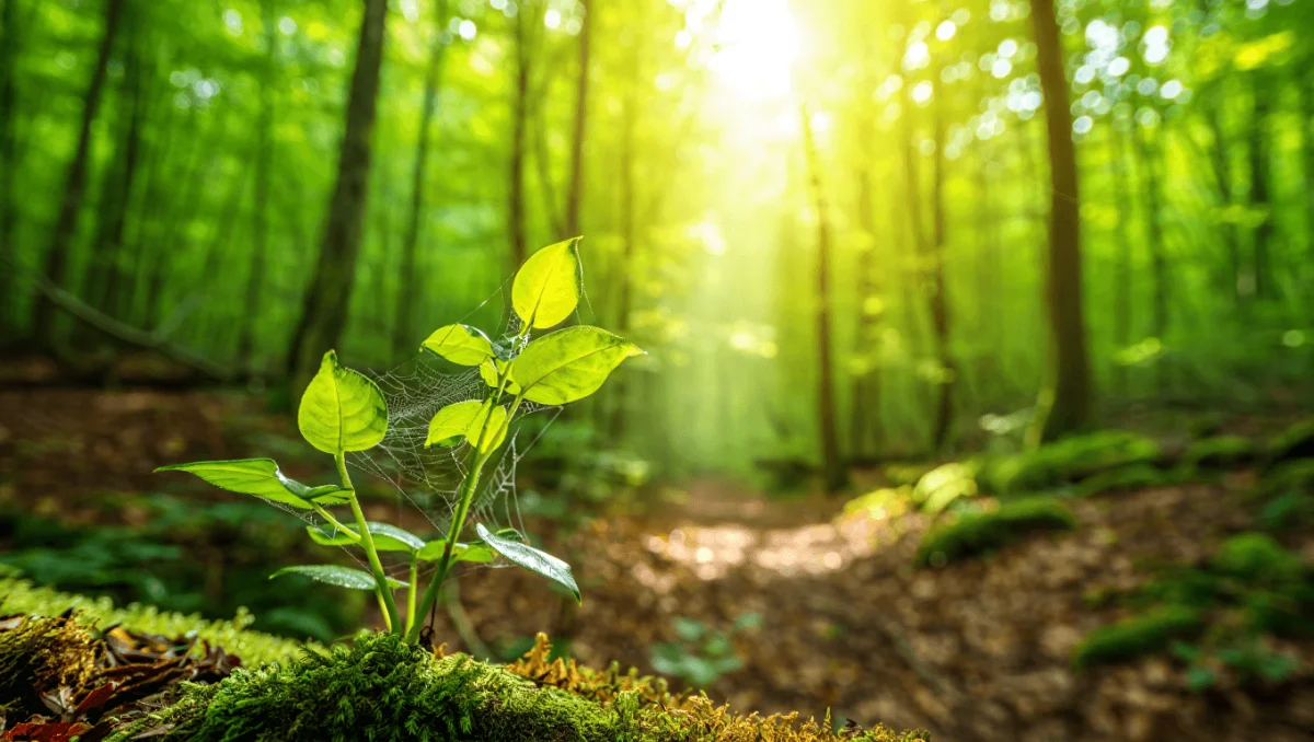 Das Sonnenlicht dringt durch die hohen Bäume des Waldes und beleuchtet grünes Moos und einen rustikalen Holzzaun - so wird die unaufdringliche Schönheit eines Fotospaziergangs durch den Wald in dieser ruhigen Waldszene eingefangen.
