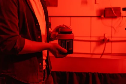Hände halten eine Filmkamera und Filmrolle vor hellem Hintergrund mit sichtbarem Negativ-Streifen