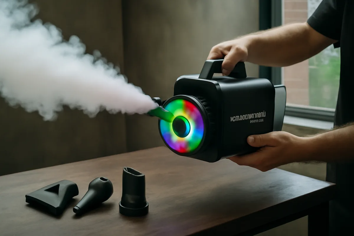 Technik und Ausr&uuml;stung &mdash; Der neue SmokeMaster Pro RGB kommt mit einem drehbaren Kopf, der um 180 Grad verstellbar ist, und mehreren wechselbaren Aufs&auml;tzen f&uuml;r unterschiedliche Nebelbilder. Auff&auml;llig ist ein magnetischer Aufsatz, der einen kleinen Ventilator mit einer RGB‑LED‑Einheit kombiniert und