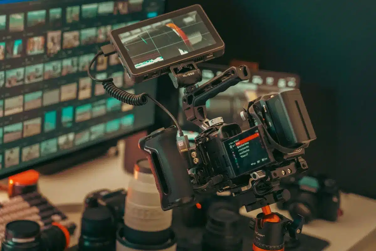 Content-Creator bei der Arbeit mit Hybrid-Kamera und Filmausr&uuml;stung